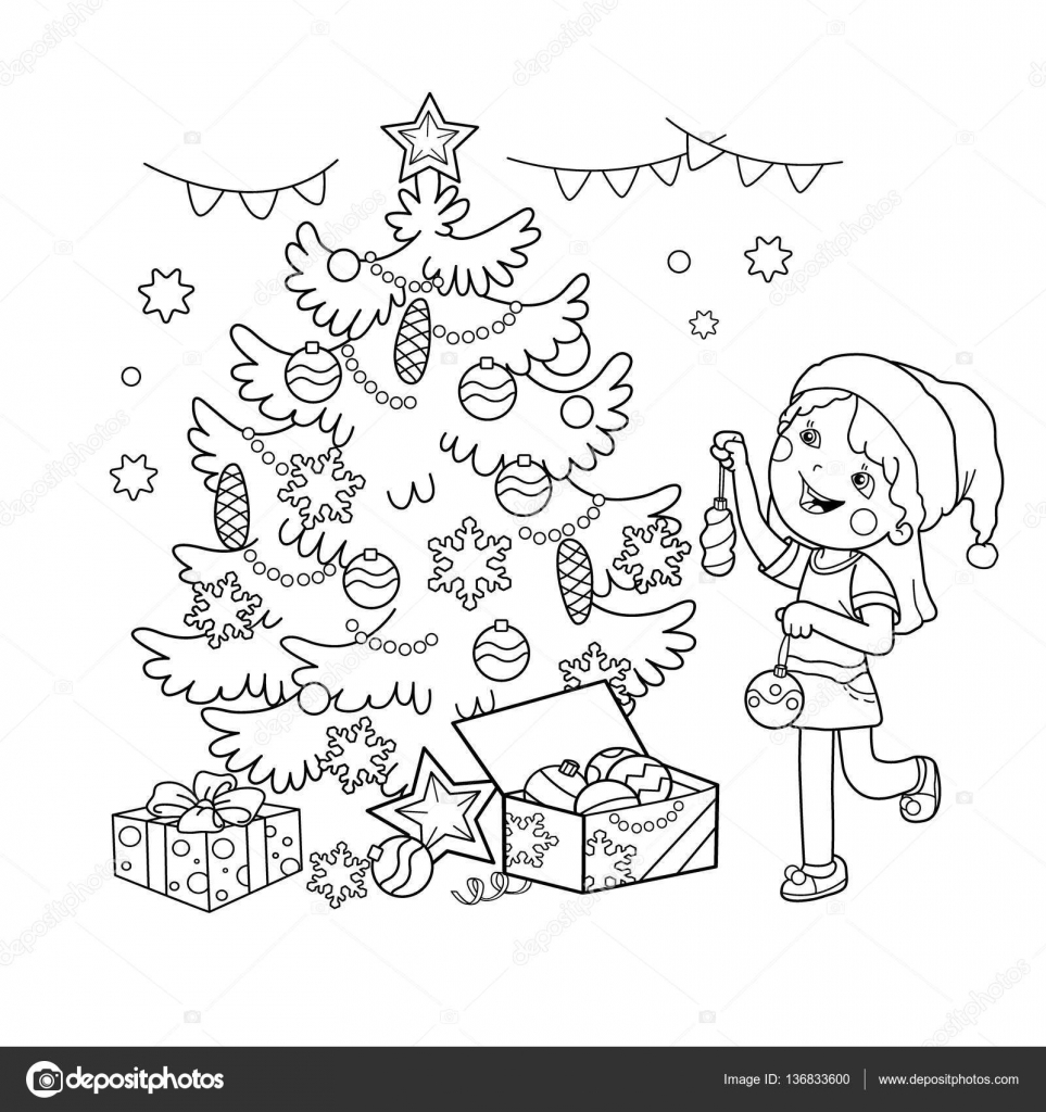 Desenho da página de colorir de menina dos desenhos animados que decoram a  árvore de Natal com presentes. No Natal. Ano Novo. Livro para colorir para  crianças imagem vetorial de Oleon17© 136833600